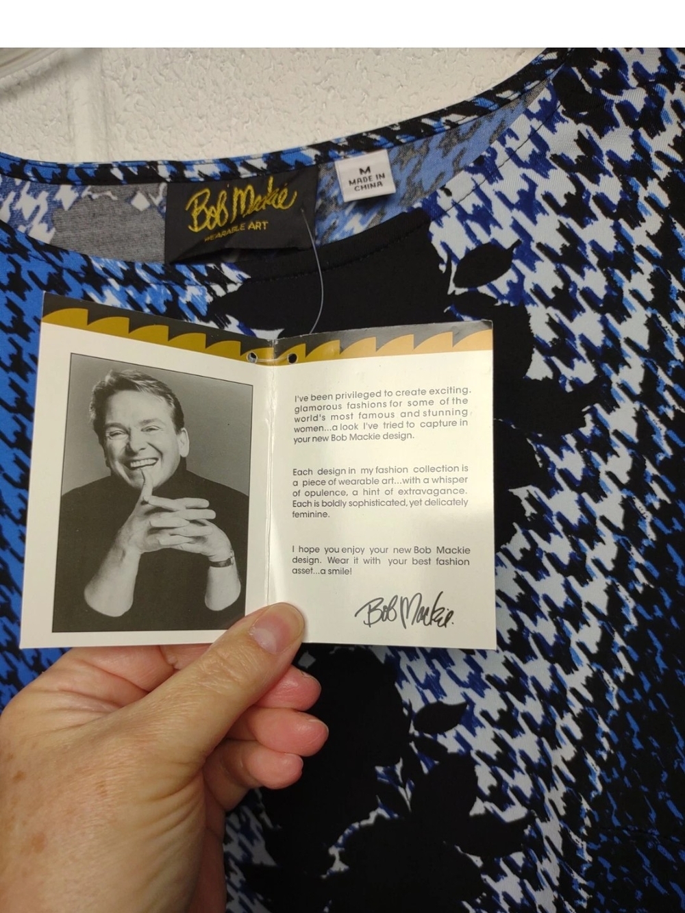 Bob Mackie Blue and Black Floral-Accent Houndstooth Long Sleeve Top - Picture 7 of 7